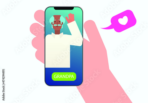 Video call with grandparents or aging parents. Hand holding smartphone with elderly grandfather on screen. Simple and cute flat vector cartoon illustration. Button with text "grandpa" and heart icon.