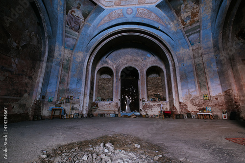 Interior of old abandoned Orthodox church of Smolensk icon of the mother of god with remnants of fresco