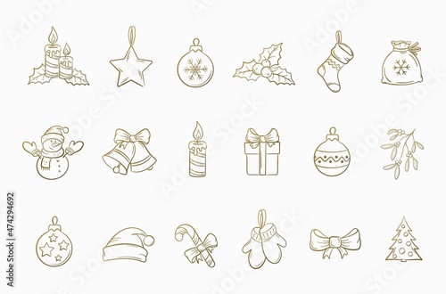 christmas hand drawn set. holly berry, gift, candy cane, candles and bells. elements for christmas and new year design