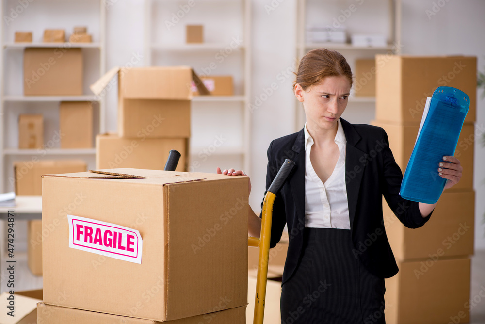 Young female professional mover doing home relocation Young female professional mover doing home relocation