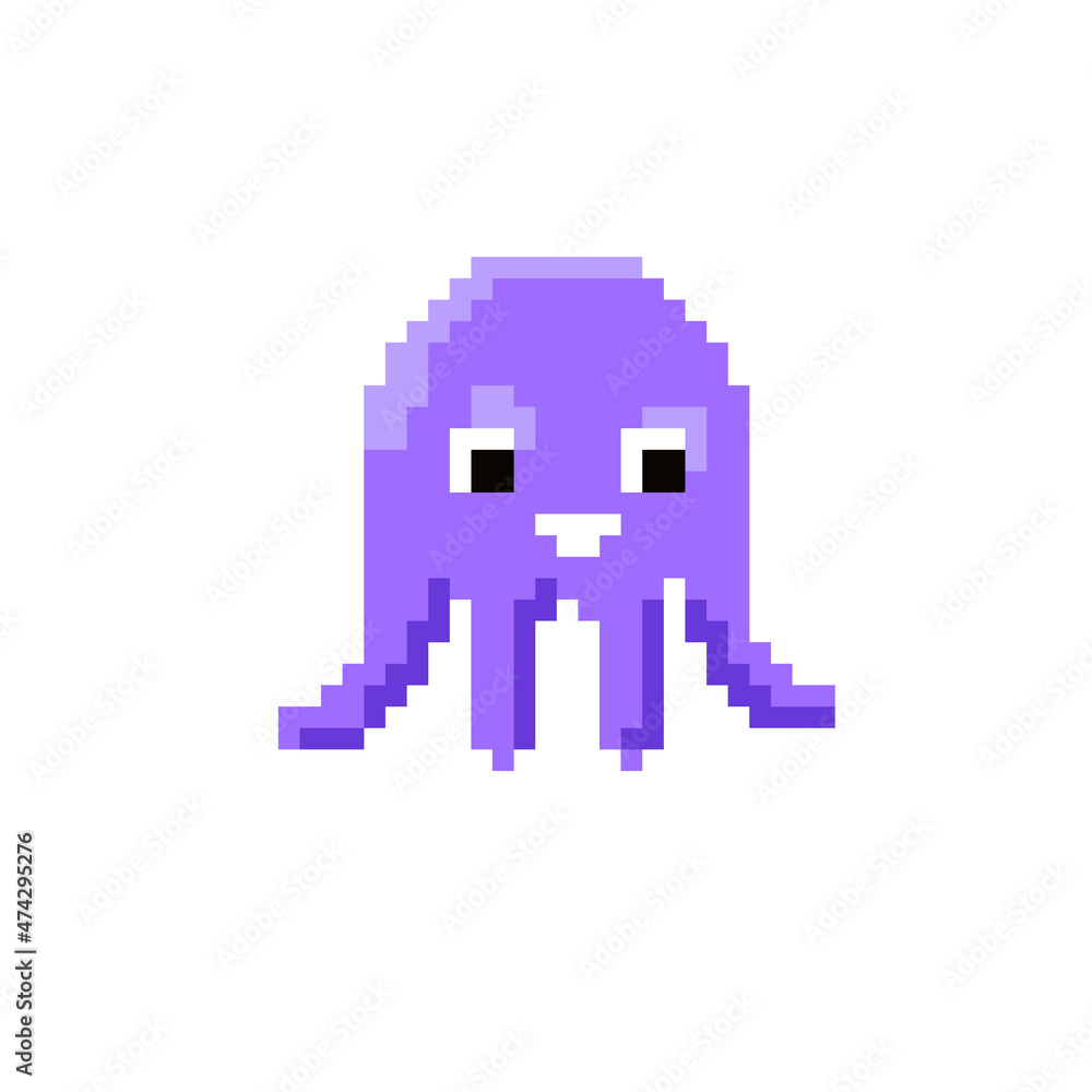 Pixel art drawing with cute violet octopus. Vector illustration Pixel art drawing with cute violet octopus. Vector illustration