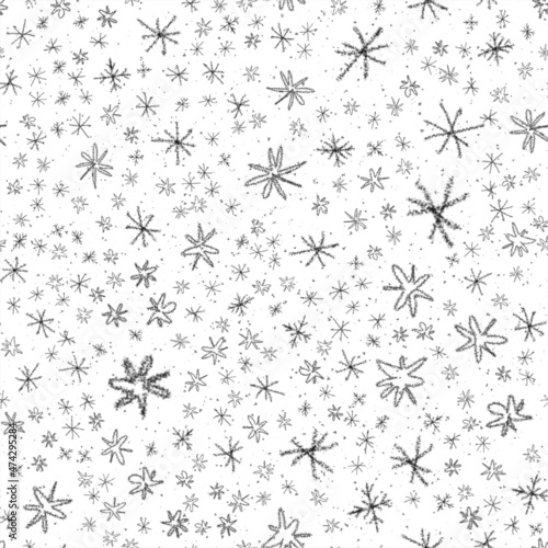 Hand Drawn Snowflakes Christmas Seamless Pattern. Subtle Flying Snow Flakes on chalk snowflakes Background. Amusing chalk handdrawn snow overlay. Excellent holiday season decoration.
