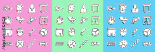 Set line Bicycle shoes, wheel, Cycling shorts, seat, helmet, Stopwatch, brake and frame icon. Vector