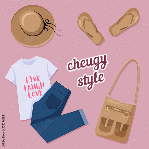 Cheugy style. T-shirt with slogans about cheuglife, skinny jeans, flip flops, bag with pockets and  brimmed hat are typical things that are outdated for a new generetion Z. Vector illustration.