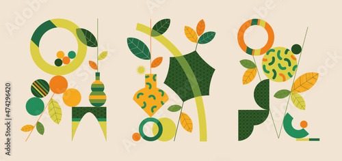 Balance game. Set of 3 vector illustrations with floral and geometric shapes. 3 abstract and minimal vertical visuals. Banner for florist or creative craftsman. 