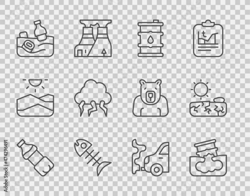 Set line Bottle of water, Barrel oil leak, Dead fish, Problem pollution the ocean, Storm, Car exhaust and Drought icon. Vector