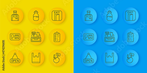 Set line Hanging sign with Open, Identification badge, Cash register machine, Supermarket food products price label, Shopping list, Seller, Fire exit and Spice can icon. Vector