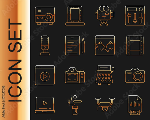 Set line MP3 file document, Photo camera, Play Video, Retro cinema, Scenario, Microphone, Media projector and Music wave equalizer icon. Vector