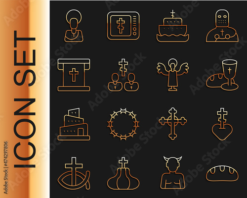 Set line Bread loaf, Religious cross in heart, Goblet and bread, Ark of noah, Priest, Flag with christian, Jesus Christ and Angel icon. Vector