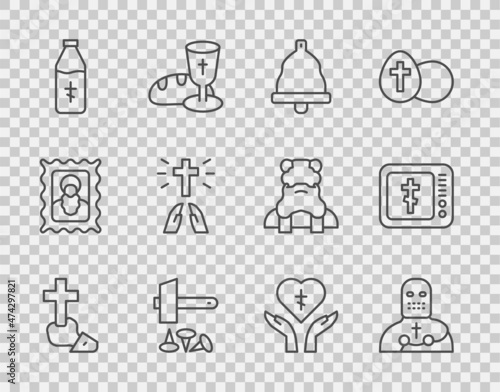 Set line Christian cross, Knight crusader, Church bell, Crucifixion of Jesus, Holy water bottle, Hands in praying position, Religious heart and Online church pastor preaching icon. Vector