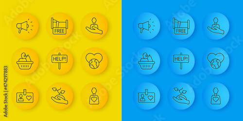 Set line Volunteer id card or badge, Donation food box, Help sign, The heart world - love, Megaphone, Caring for people and Free overnight stay house icon. Vector