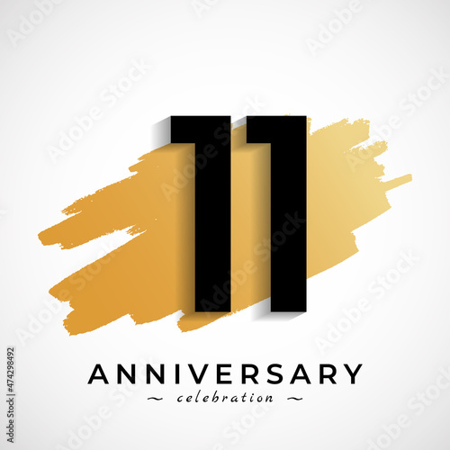 11 Year Anniversary Celebration with Gold Brush Symbol. Happy Anniversary Greeting Celebrates Event Isolated on White Background