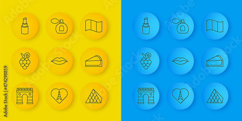Set line Triumphal Arch, Grape fruit, Smiling lips, Louvre glass pyramid, Cherry cheesecake slice, Lipstick, Flag France and Perfume icon. Vector