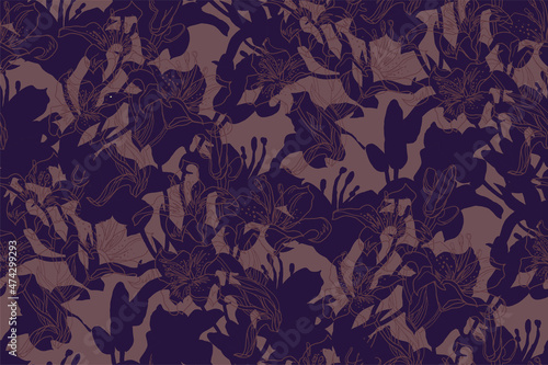 Trendy colors of the year seamless pattern with shadows of Lily flowers drawn by hand in velvet violet tones.. Home textile, wallpaper, fabric, bedding, package.