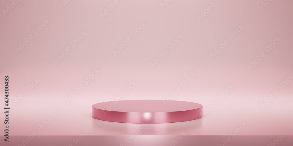 Shiny pink round pedestal or podium with studio backdrops. Metallic pink or rose gold Blank display or clean room for showing product. Minimalist mockup for podium display or showcase. 3D rendering. Shiny pink round pedestal or podium with studio backdrops. Metallic pink or rose gold Blank display or clean room for showing product. Minimalist mockup for podium display or showcase. 3D rendering.