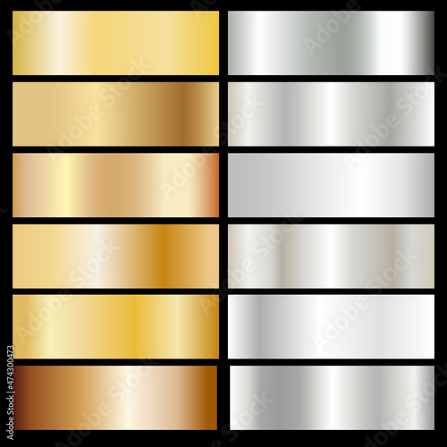Large set of holographic gold and silver foil textures. Vector graphics of shining rainbow patterns. Collection of holograms with metallic gradients, on a black background