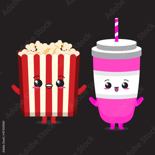 cute popcorn and drink character vector