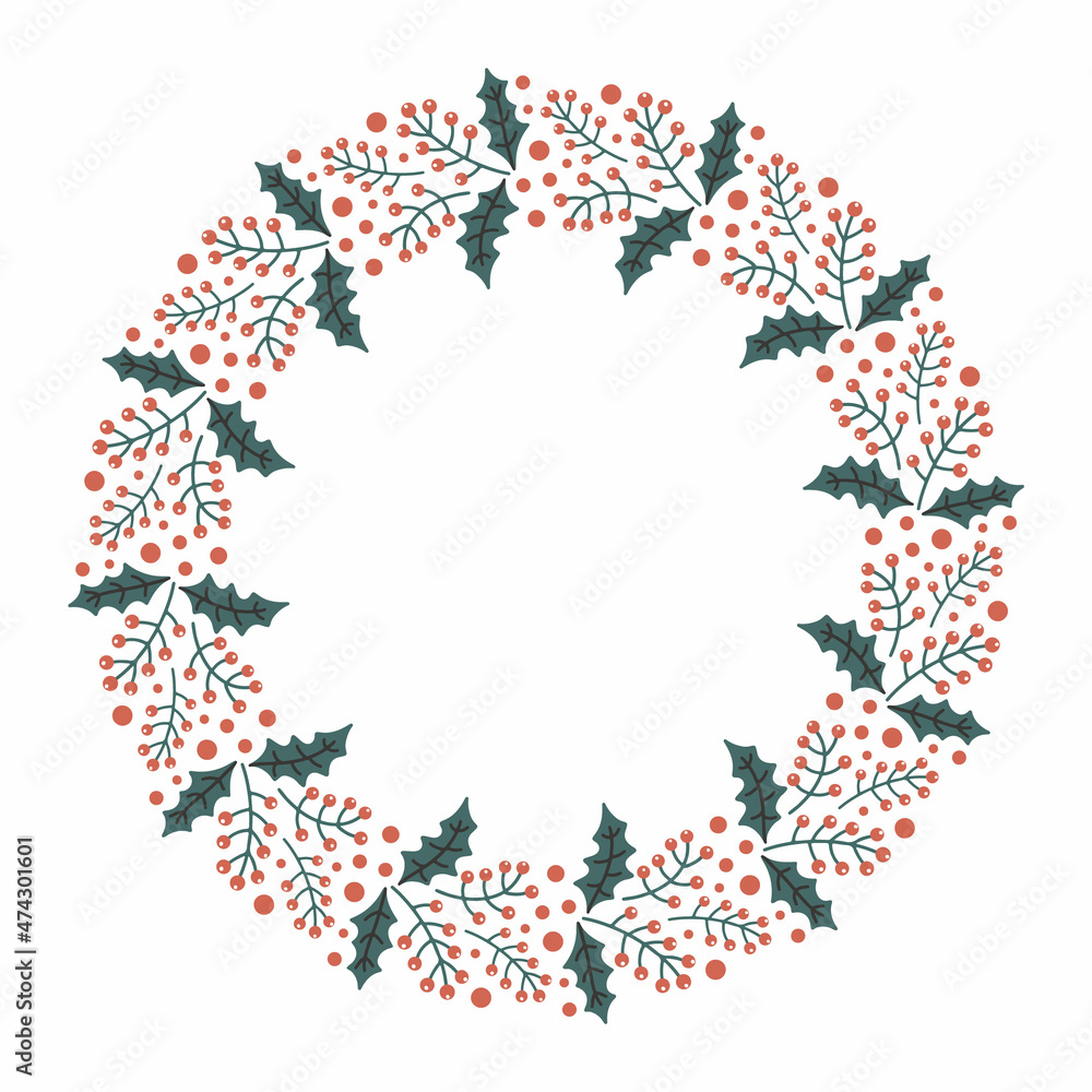 Vector hand drawn Christmas wreath isolated on white background. Decorative doodle mistletoe, round frame. Holly leaves and berry for winter new year design, ornate and greetings. Christmas template