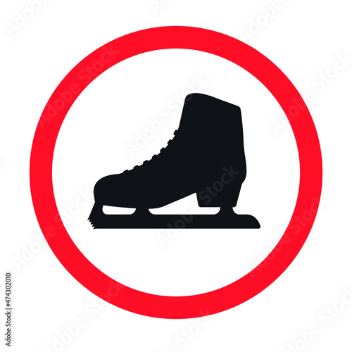 Vector ice skate silhouette in red circle isolated on white background. No skating prohibition sign