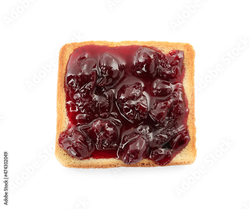 Toast with tasty cherry jam on white background, top view