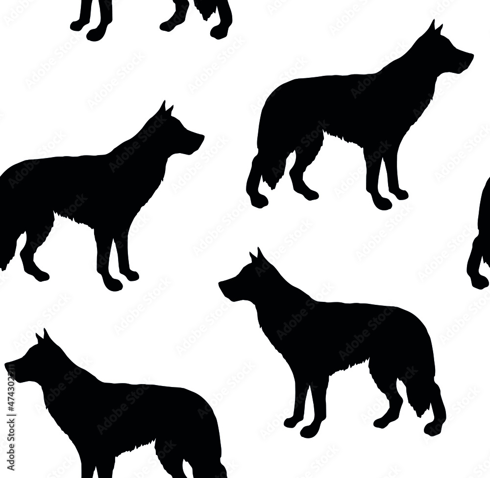 Vector seamless pattern of hand drawn shepherd dog silhouette isolated on white background