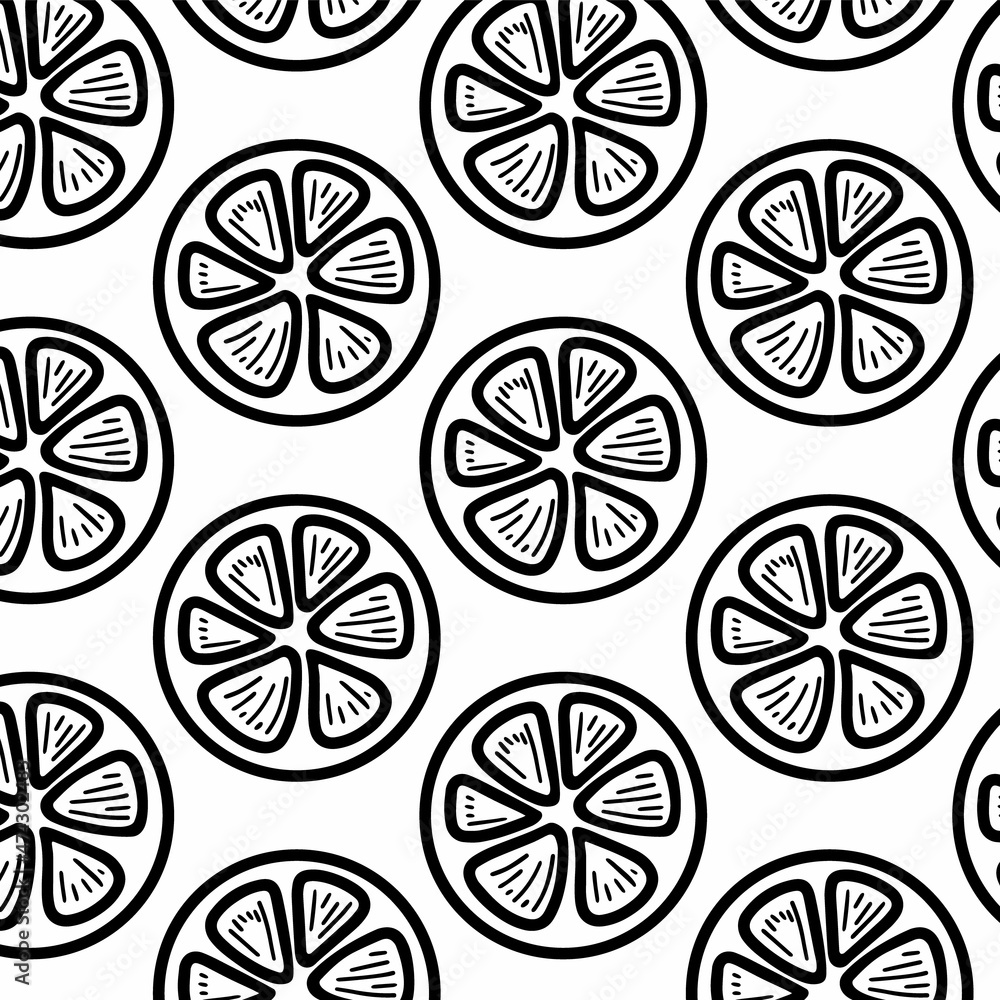 Fresh lemons background, hand drawn icons. Colorful wallpaper vector. Seamless pattern with fresh fruits collection. Decorative illustration, good for printing. Symbol of summer. Doodle style.