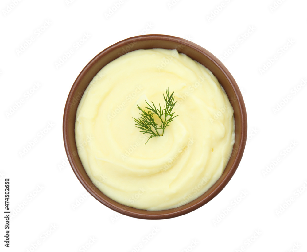 Bowl with freshly cooked homemade mashed potatoes isolated on white, top view Bowl with freshly cooked homemade mashed potatoes isolated on white, top view