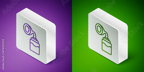 Isometric line Breast pump icon isolated on purple and green background. Silver square button. Vector