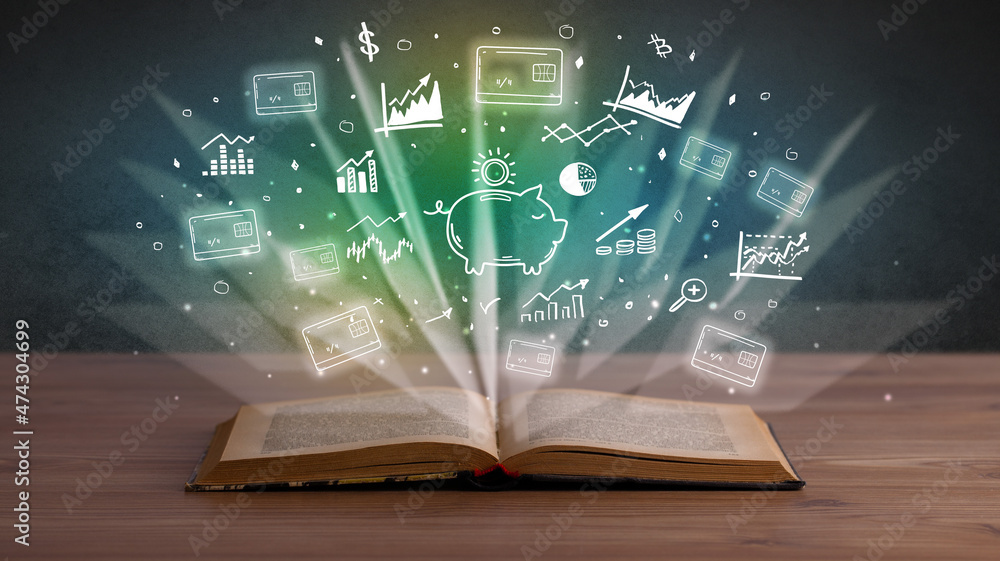 Obraz premium Open book with profit icons above