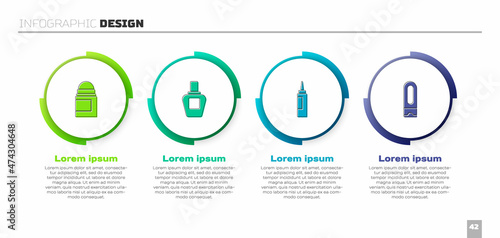 Set Antiperspirant deodorant roll, Perfume, Cream lotion cosmetic tube and Bottle of shampoo. Business infographic template. Vector