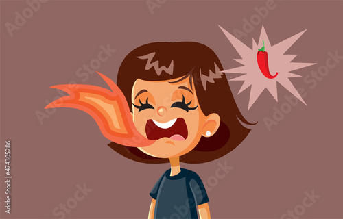 Little Girl with Mouth in Flames After Eating Chili Spicy Food Vector Cartoon