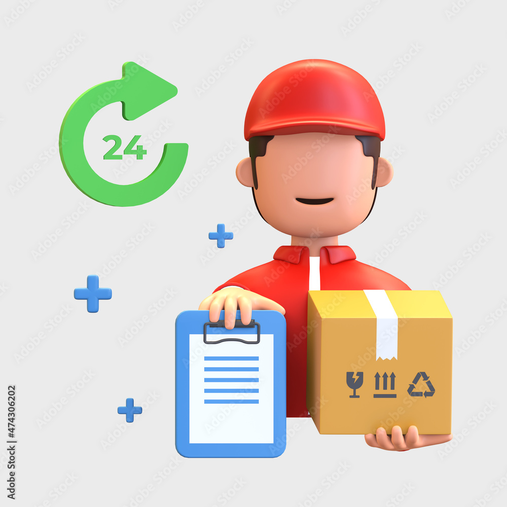 man courier carrying parcel box and payment check note cash on delivery service icon 3d render illustration