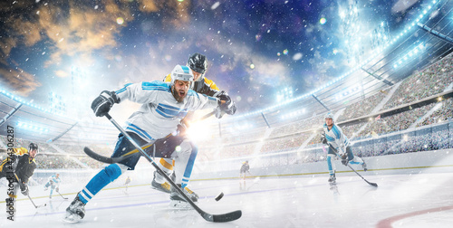 Sports emotions. Hockey action. Fight for the puck. Concept of action  team sport game  energy  ad