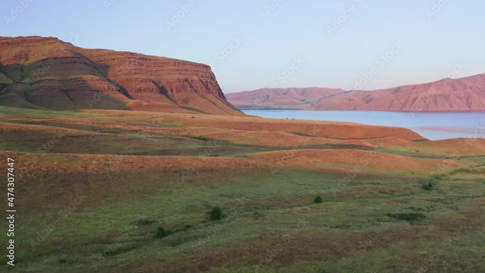 Oglakhty Nature Reserve, Yenisei River, yurts in the steppe, Khakassia, Aerial view, drone, Russia Oglakhty Nature Reserve, Yenisei River, yurts in the steppe, Khakassia, Aerial view, drone, Russia