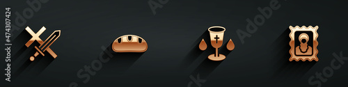 Set Crusade, Bread loaf, Christian chalice and icon icon with long shadow. Vector