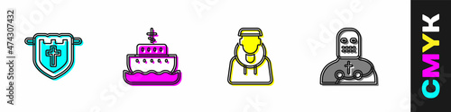 Set Flag with christian cross, Ark of noah, Monk and Knight crusader icon. Vector