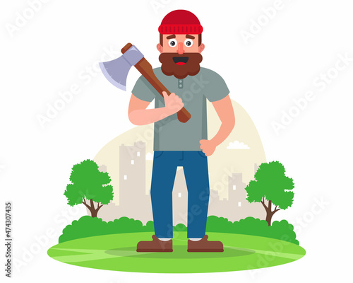 character lumberjack with an ax goes to cut trees. flat vector illustration. photo
