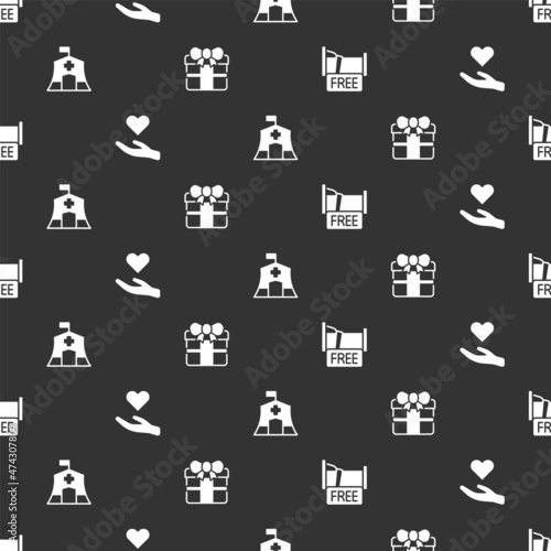 Set Free overnight stay house, Heart in hand, Emergency medical tent and Gift box on seamless pattern. Vector