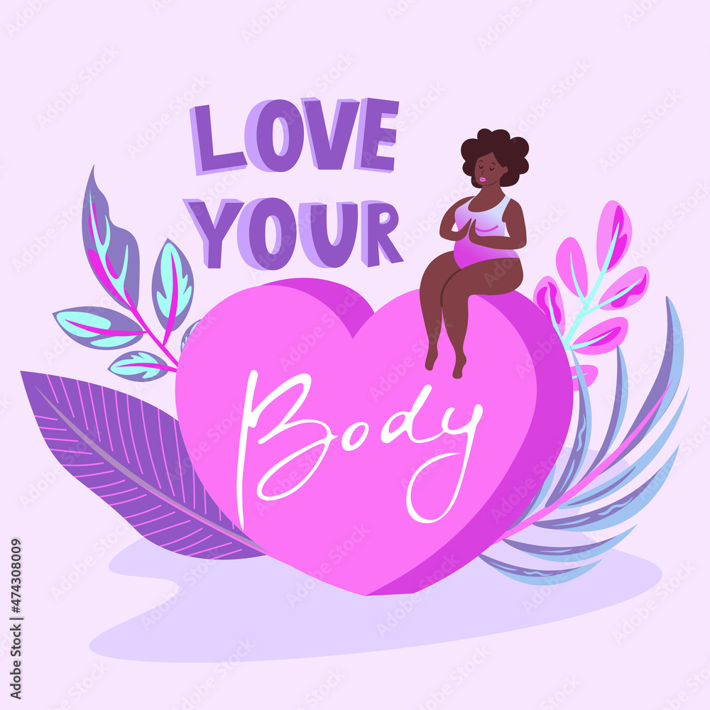Love your body vector card with plus size black woman character sitting