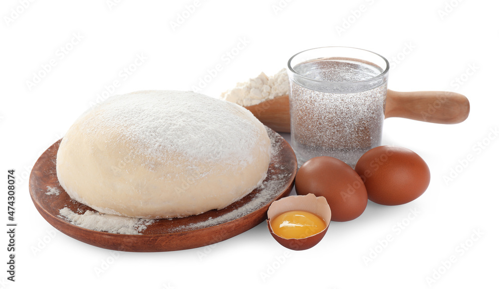 Dough and ingredients on white background. Sodawater bread recipe Dough and ingredients on white background. Sodawater bread recipe