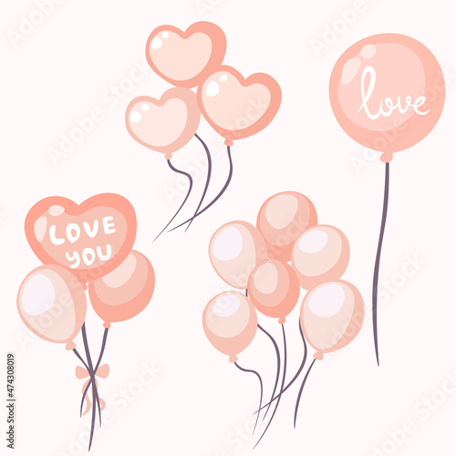 Set of cute pink balloons in doodle style. Cartoon heart-shaped balloon with love you lettering. Girly vector design for greeting card, baby shower, Valentines day, wedding, birthday party.