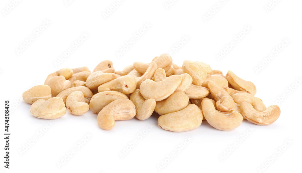 Pile of tasty organic cashew nuts isolated on white Pile of tasty organic cashew nuts isolated on white
