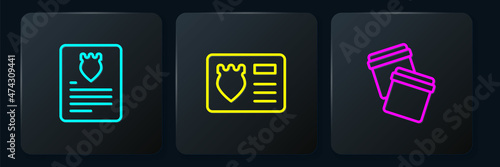 Set line The arrest warrant, Plastic bag with ziplock and Police badge id case. Black square button. Vector