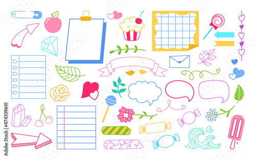 Sticky note notebook paper doodle set. Sketch stickers and notes with elements planning, speech bubble frame. Blank graphic notepad. Various tag business office planner, bookmark memory diary page
