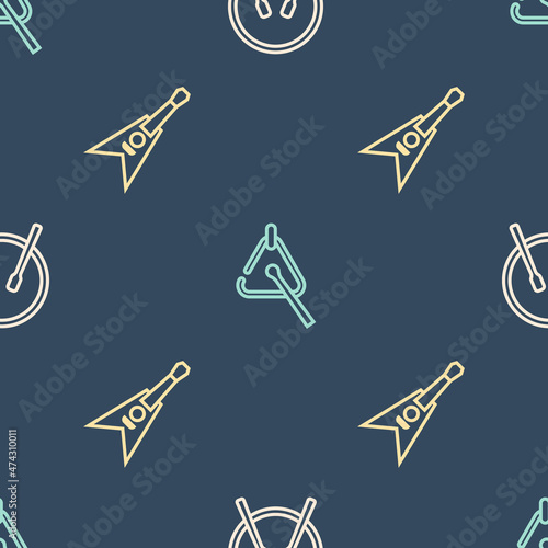 Set line Drum and drum sticks, Electric bass guitar and Triangle on seamless pattern. Vector