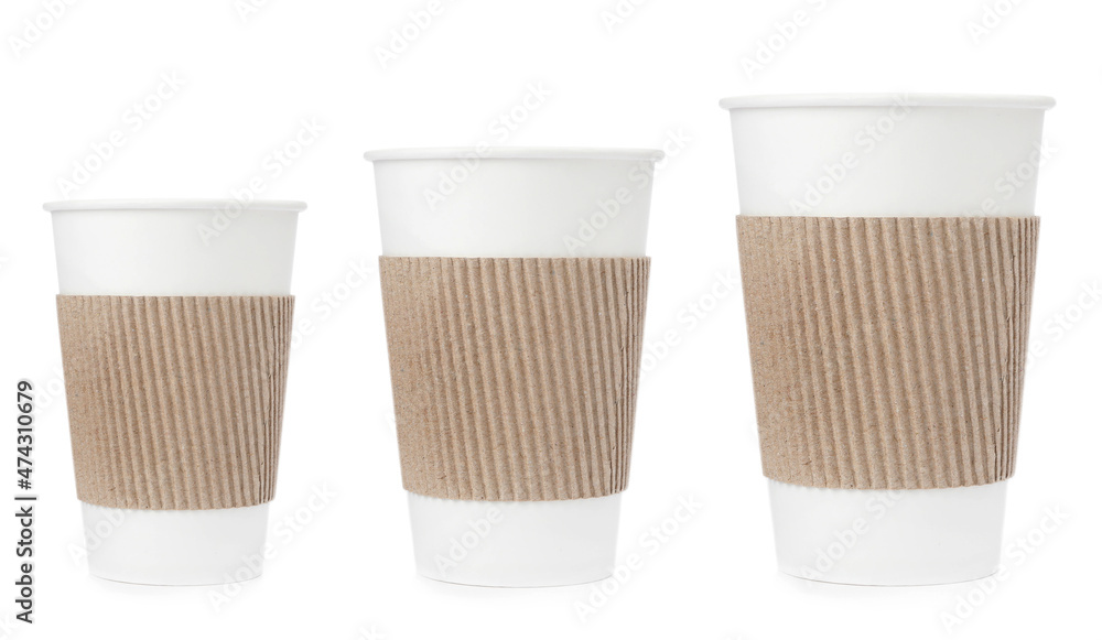 Paper coffee cups of different sizes on white background, collage Paper coffee cups of different sizes on white background, collage