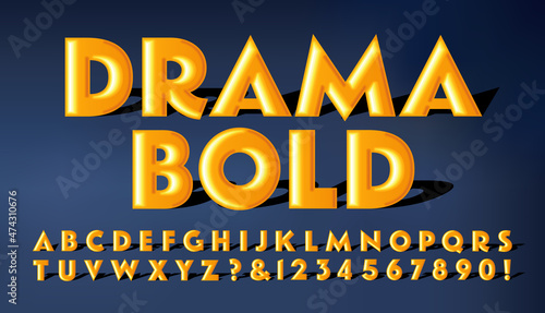 Drama Bold is a dramatically lit alphabet with 3d effects and cast shadows in an eye-catching yellow on blue color scheme.