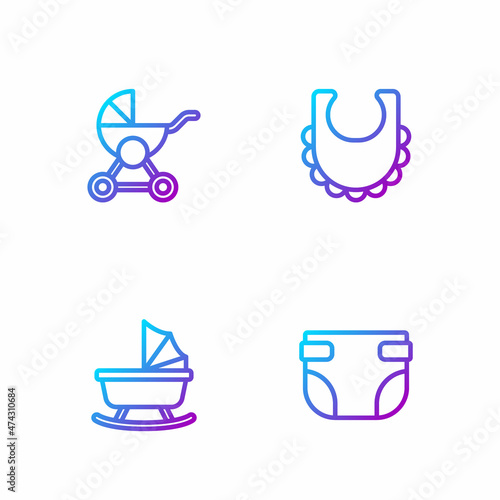 Set line Baby diaper, stroller, and bib. Gradient color icons. Vector