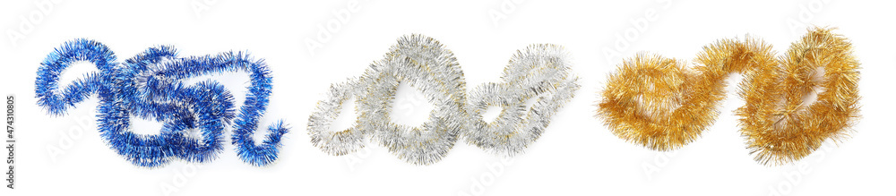 Set with different shiny tinsels on white background, banner design. Christmas decoration Set with different shiny tinsels on white background, banner design. Christmas decoration