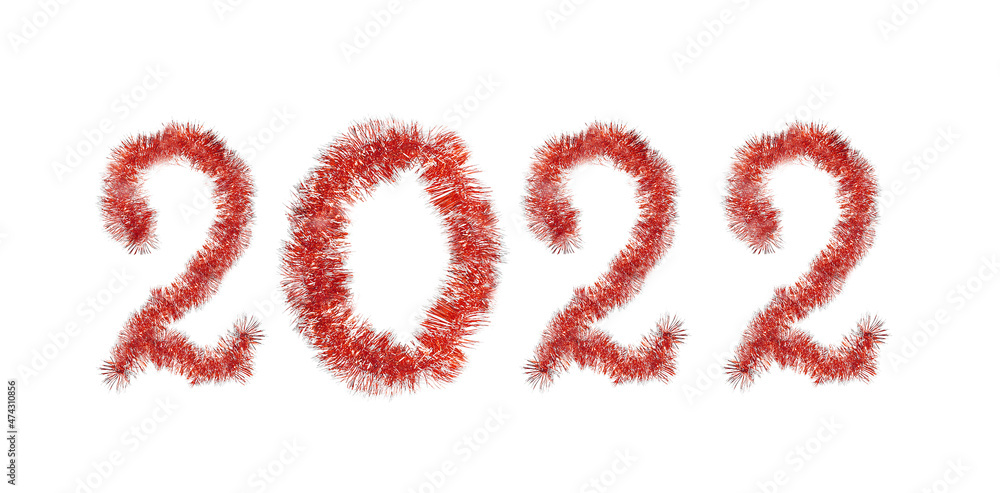 Number 2022 made of shiny red tinsels on white background, banner design Number 2022 made of shiny red tinsels on white background, banner design